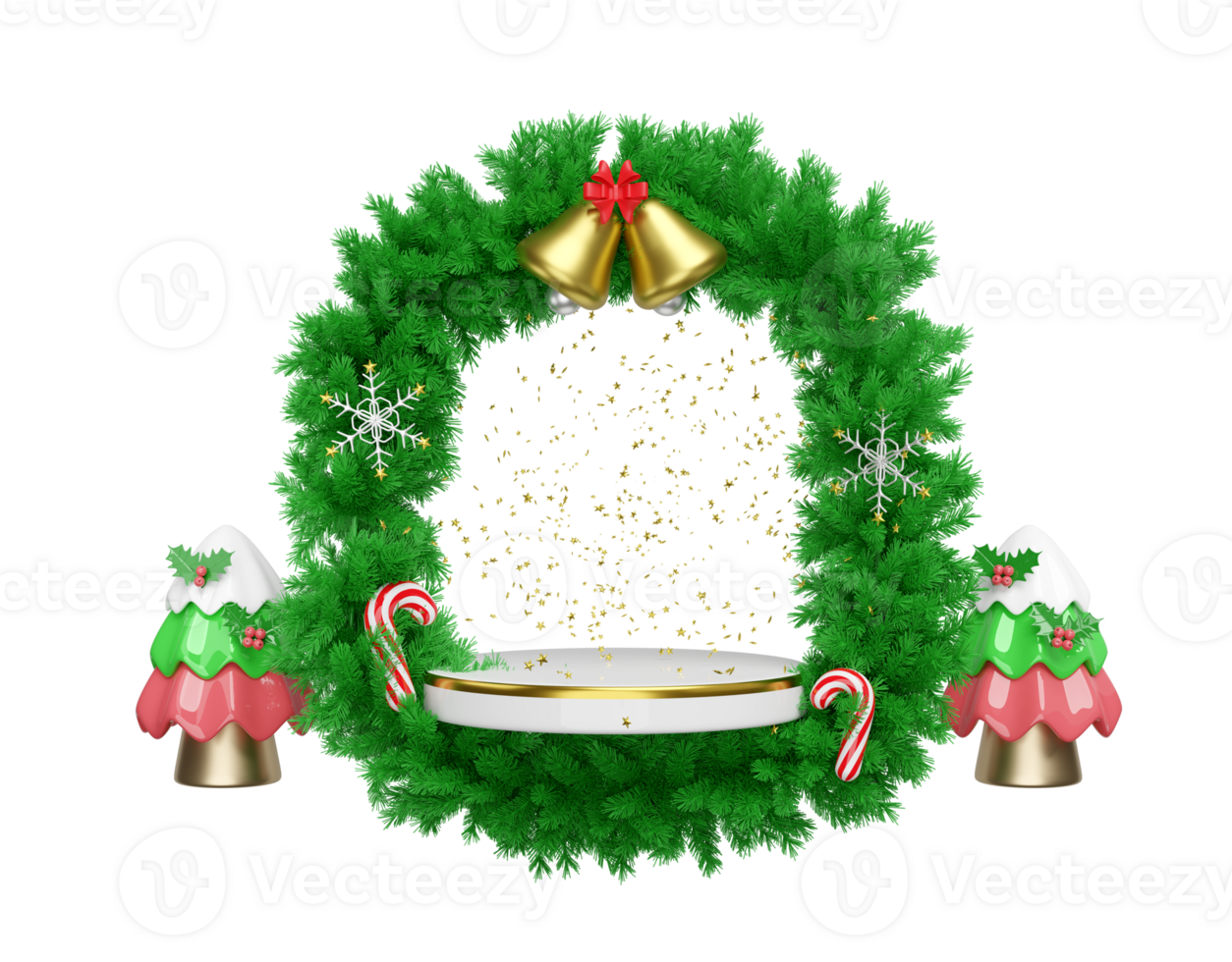 3d cylinder stage podium empty with arch pine leaves, jingle bell, christmas tree, candy cane, snowflake. merry christmas and happy new year, 3d render illustration png