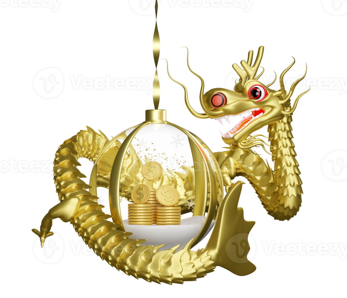 3d snow ball, ornaments glass transparent with gold dragon, dollar coins stacks, chinese new year 2024 capricorn. 3d render illustration png