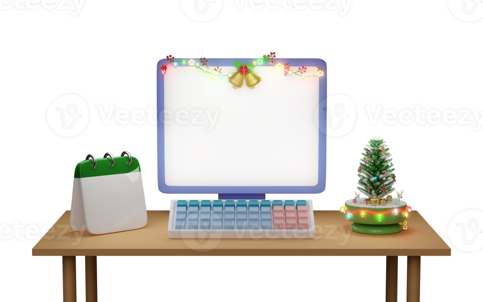 laptop computer with christmas tree, calendar, clear glass lantern garlands on the table. merry christmas and happy new year, 3d render illustration png