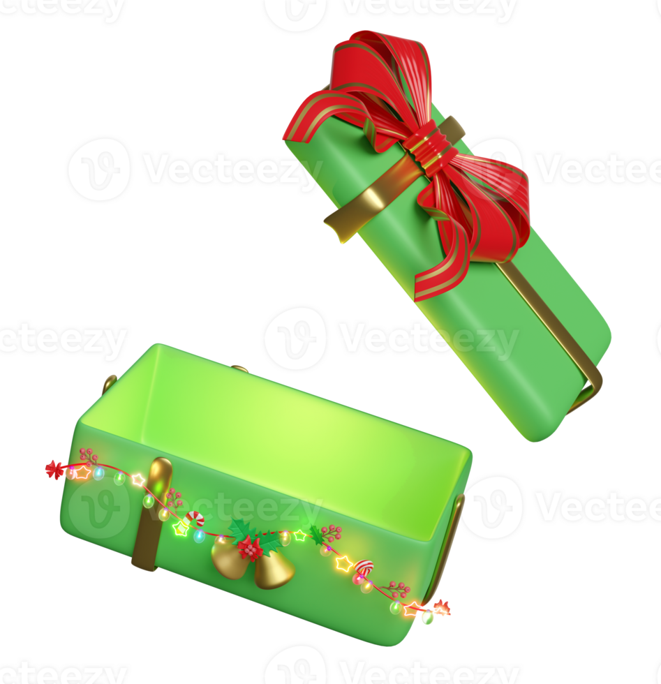 gift box with golden ribbon, bow, branches of pine trees, Jingle bell, candy cane, red bow, holly berry leaves, clear glass lantern garlands. merry christmas and happy new year, 3d render illustration png