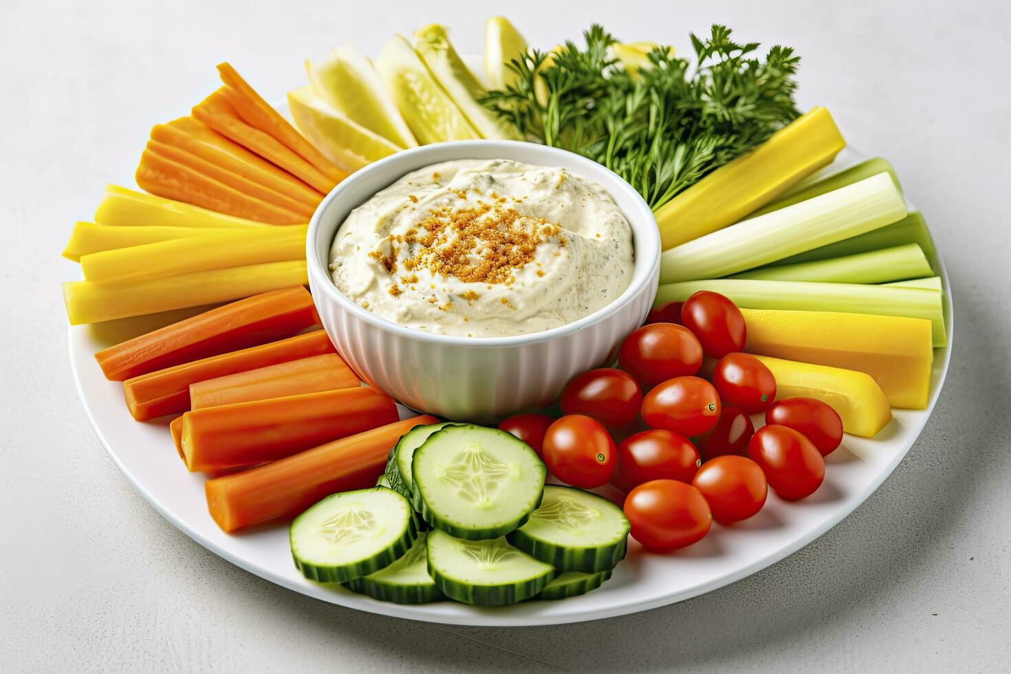 AI generated Crop shot of plate with colorful healthy sliced vegetables. AI Generated photo