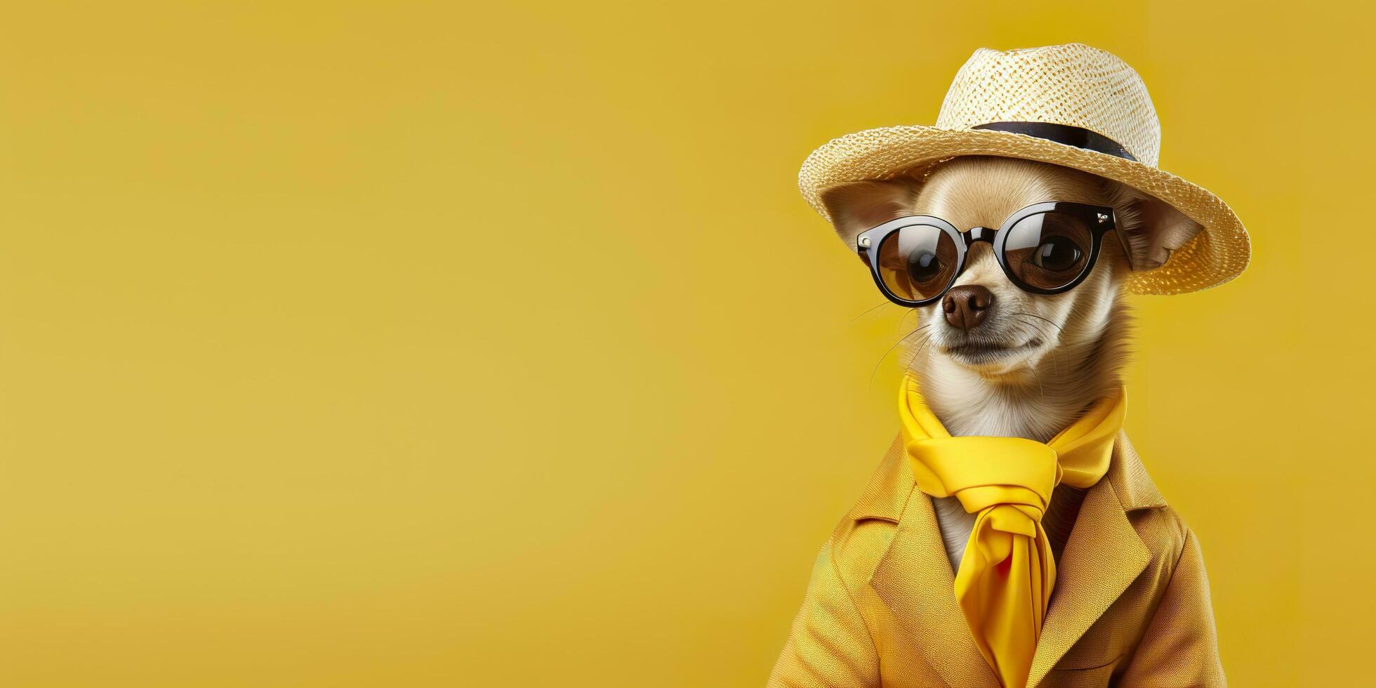 AI generated Cool looking Chihuahua dog wearing funky fashion dress. space for text right side. Generative AI photo