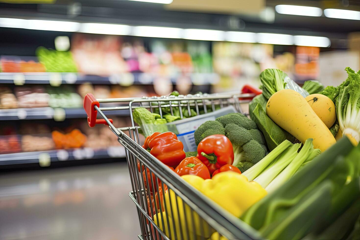 AI generated Close up of full shopping cart in grocery store. AI Generated photo