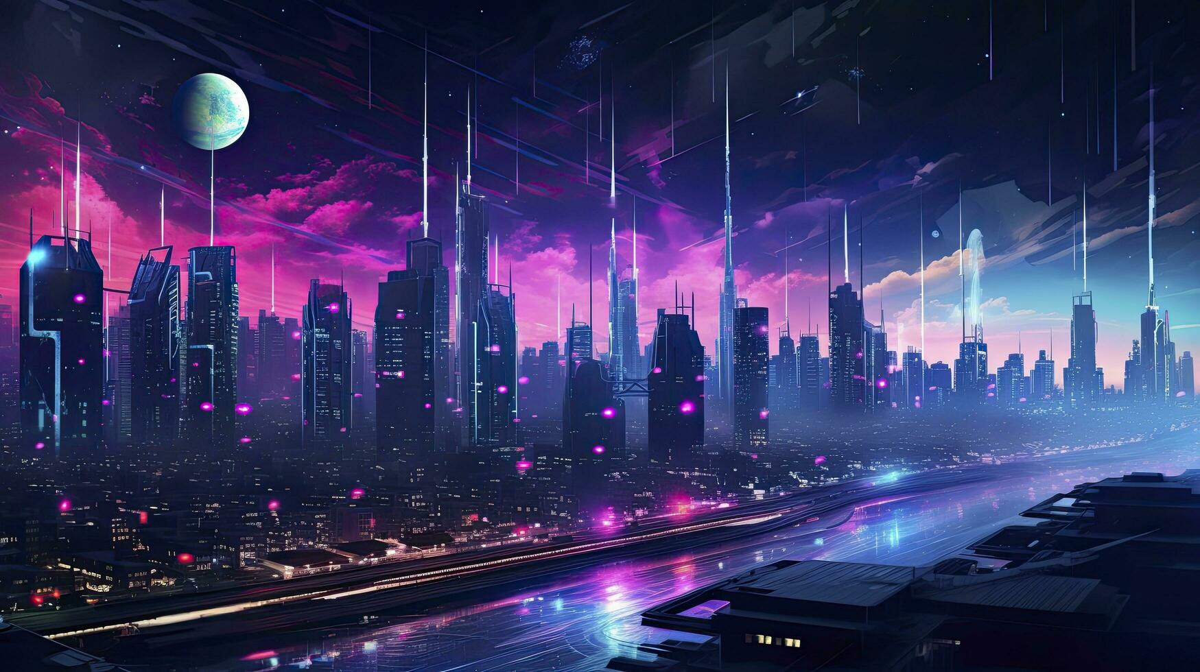 AI generated A futuristic, cyberpunk inspired cityscape at night. AI Generated photo