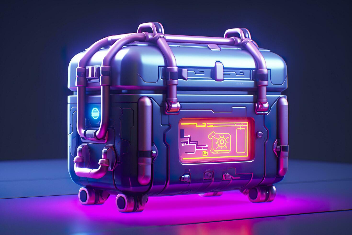 AI generated Modern and Futuristic Neon Digital Gaming Chest in Cartoon Pixar 3D Blender Style. AI Generative photo
