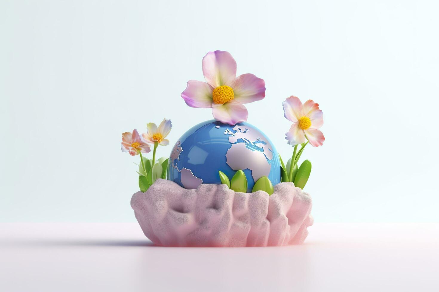 AI generated 3D Cute Earth with Flower on White Background. Planet Earth Day or Environment Day Concept. AI Generative photo