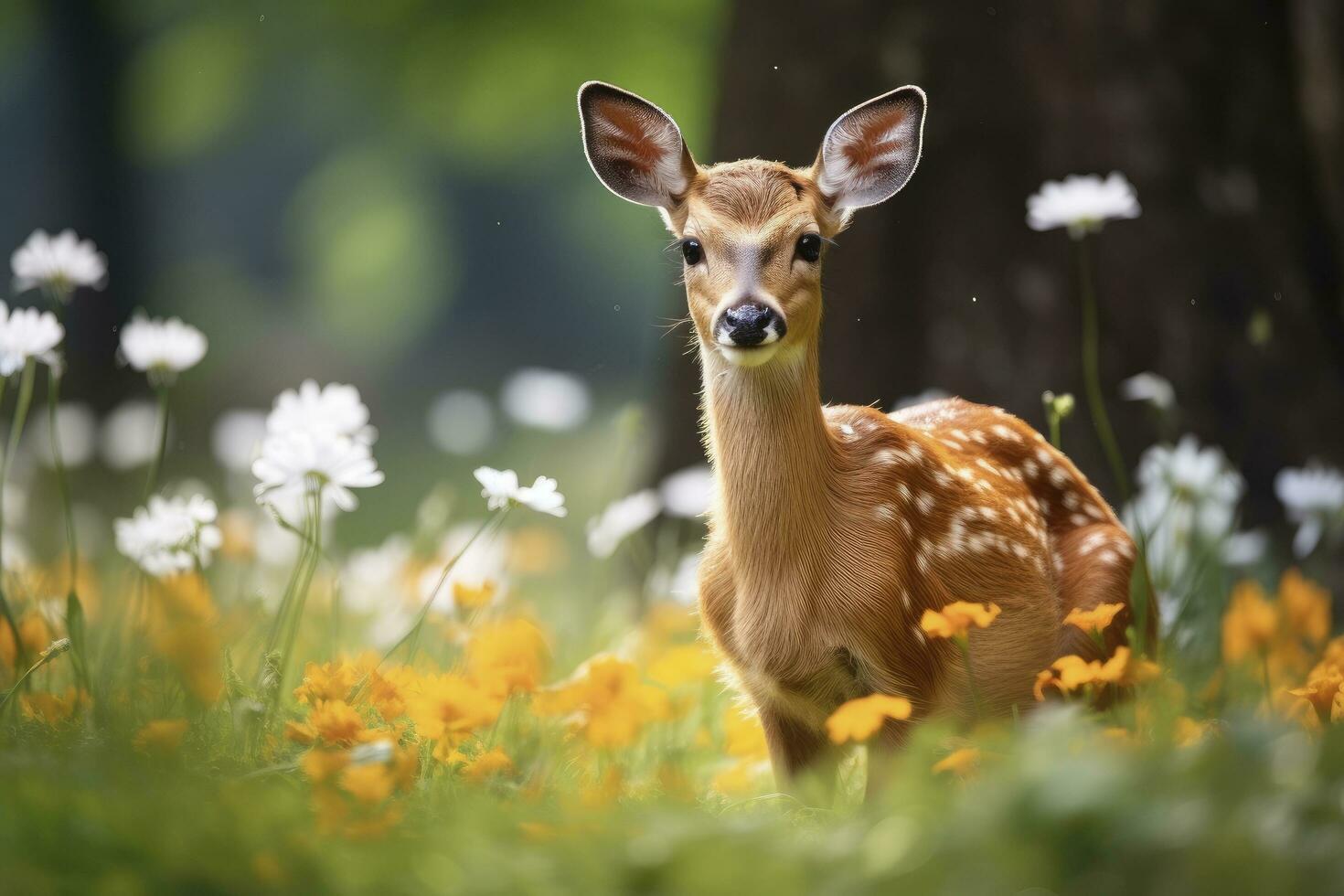 ai generado hembra hueva ciervo con hermosa flor. ai generado foto