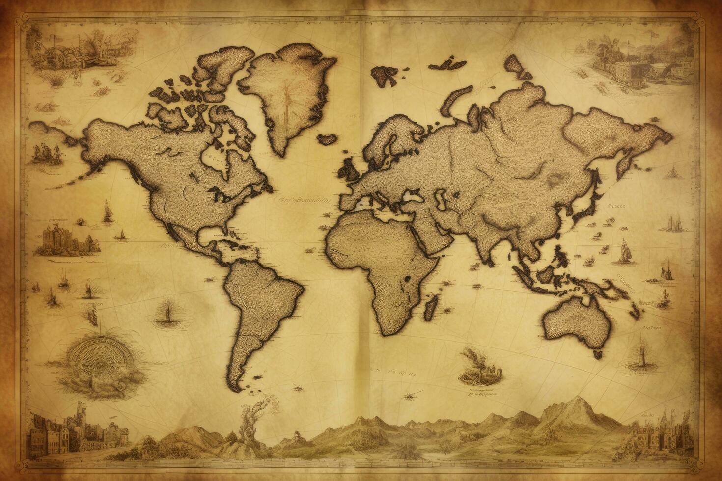 AI generated Great detailed illustration of the world map in vintage style. AI Generated photo