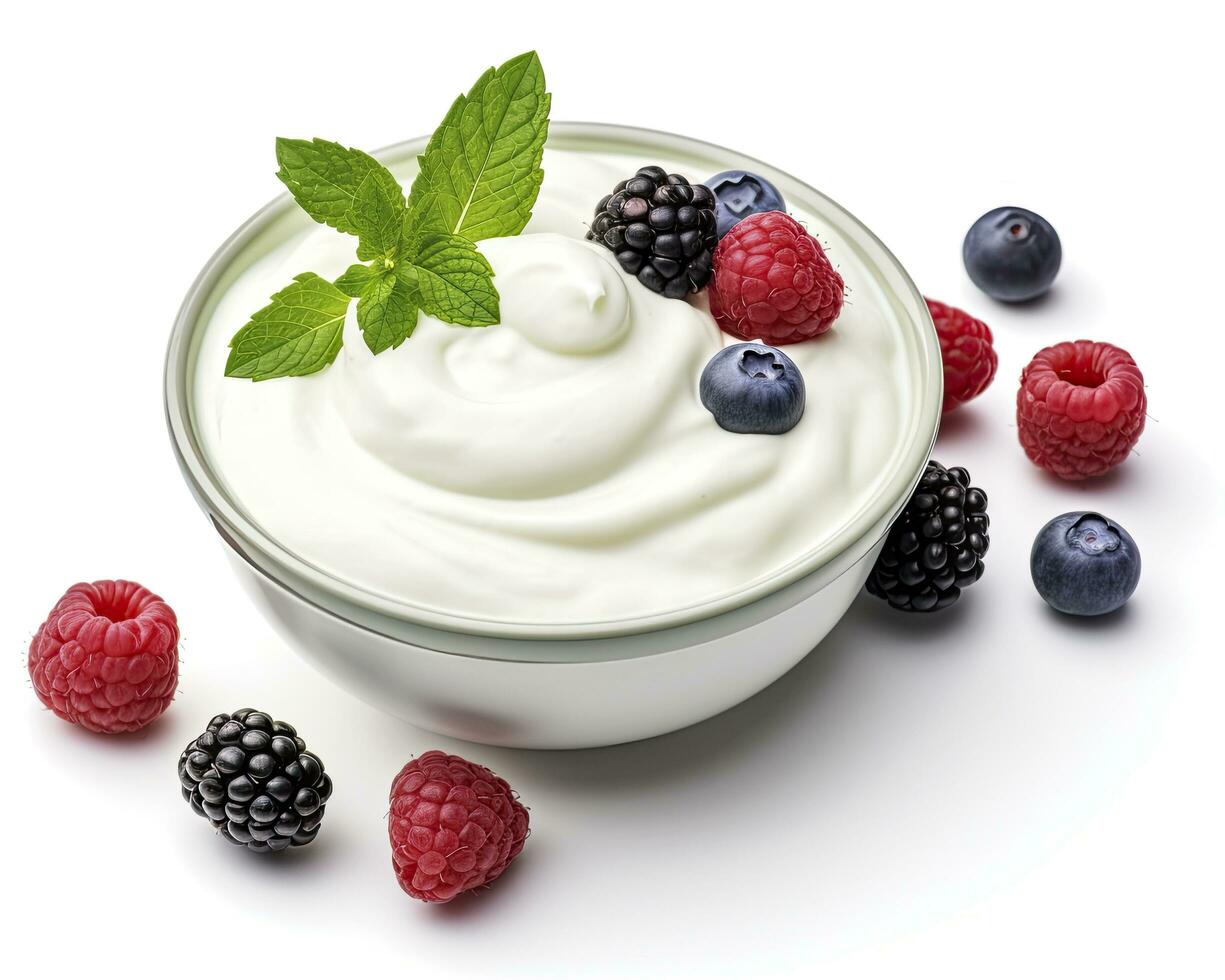 AI generated Green bowl of greek yogurt and fresh berries isolated on white background. AI Generated photo