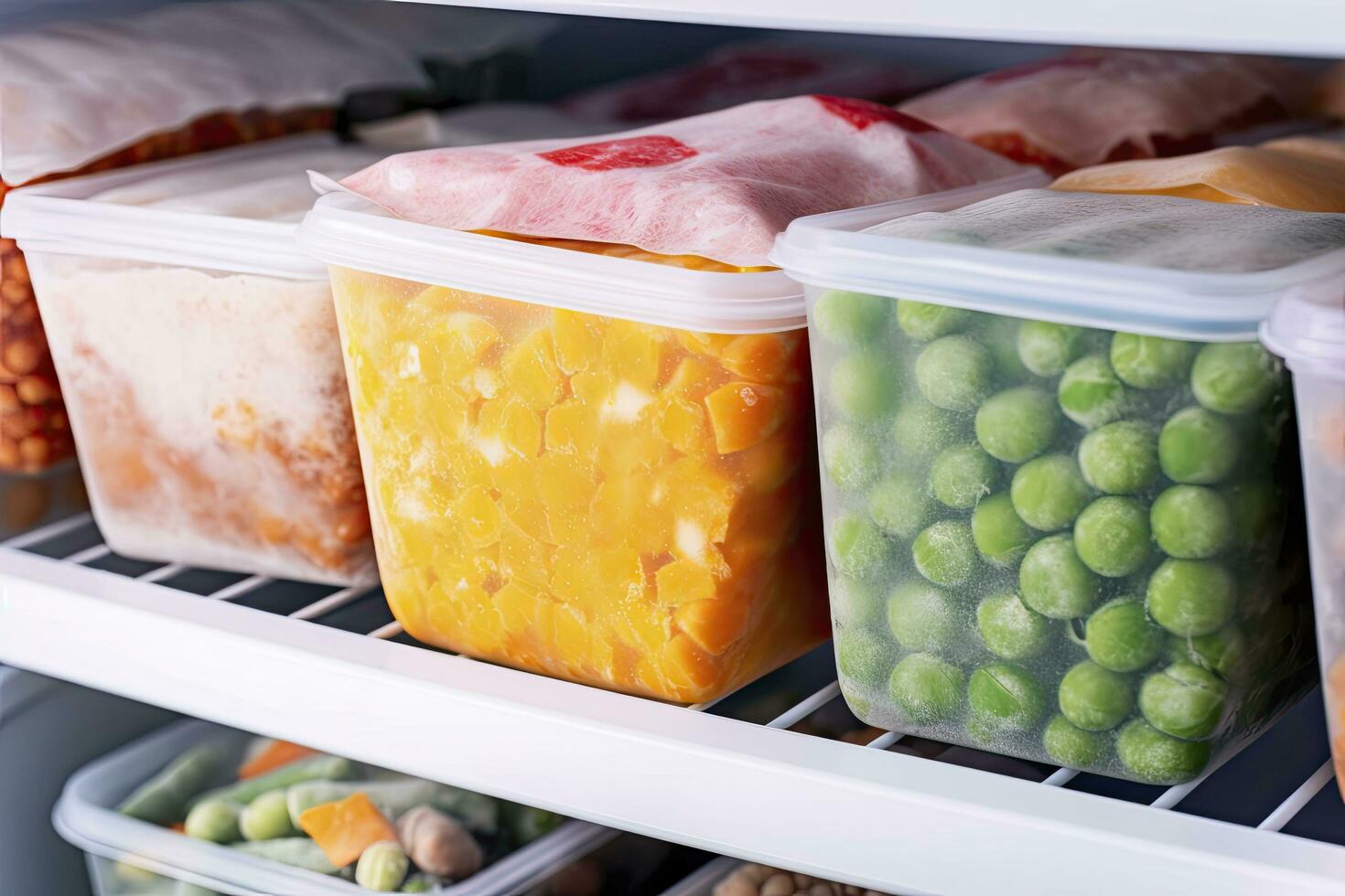 AI generated Frozen food in the freezer. Frozen vegetables. AI Generated photo