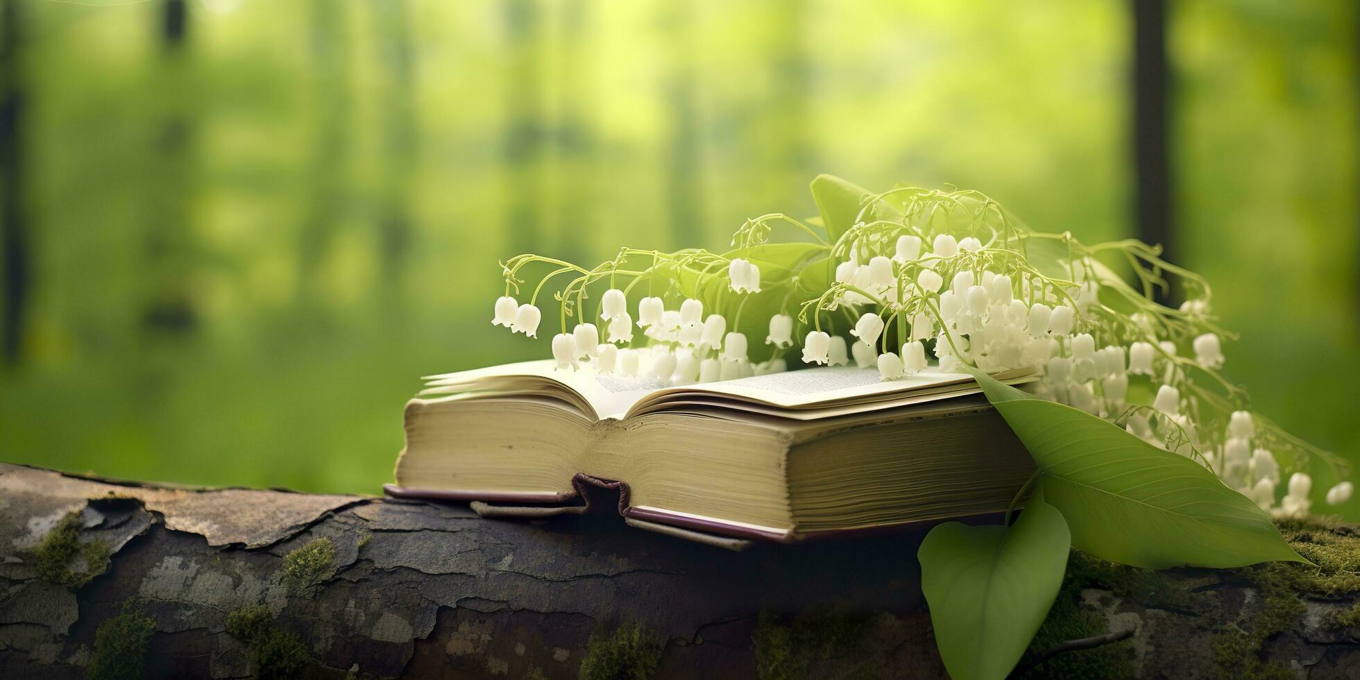 AI generated Lily of the Valley flowers and old books in the forest, green natural background. AI Generated photo