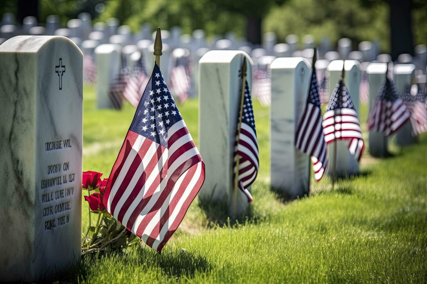 AI generated Military Headstones and Gravestones Decorated With Flags for Memorial Day.  AI Generated photo