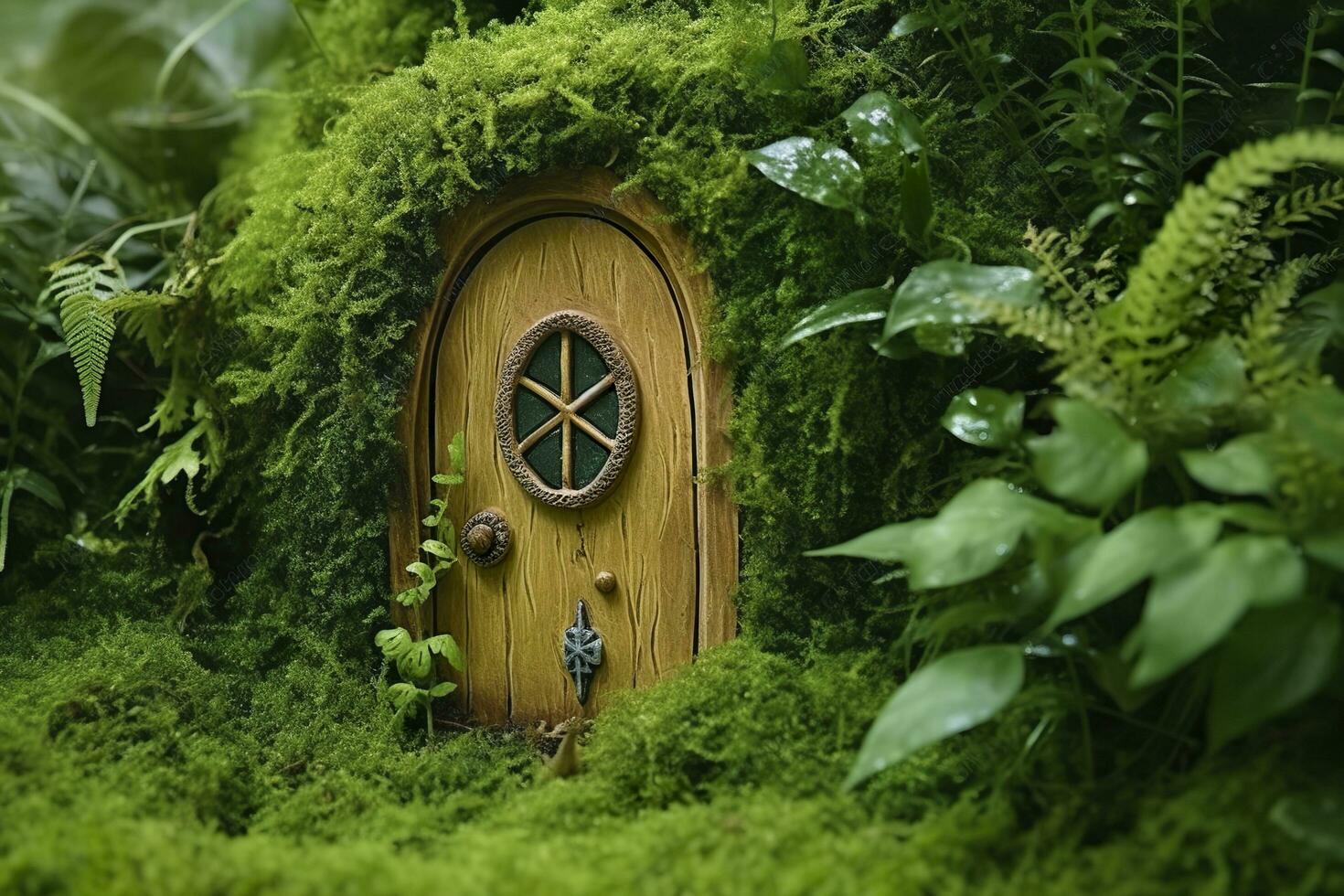 AI generated Little magic wooden fairy doors and plants leave on a mossy natural green background. AI Generated photo