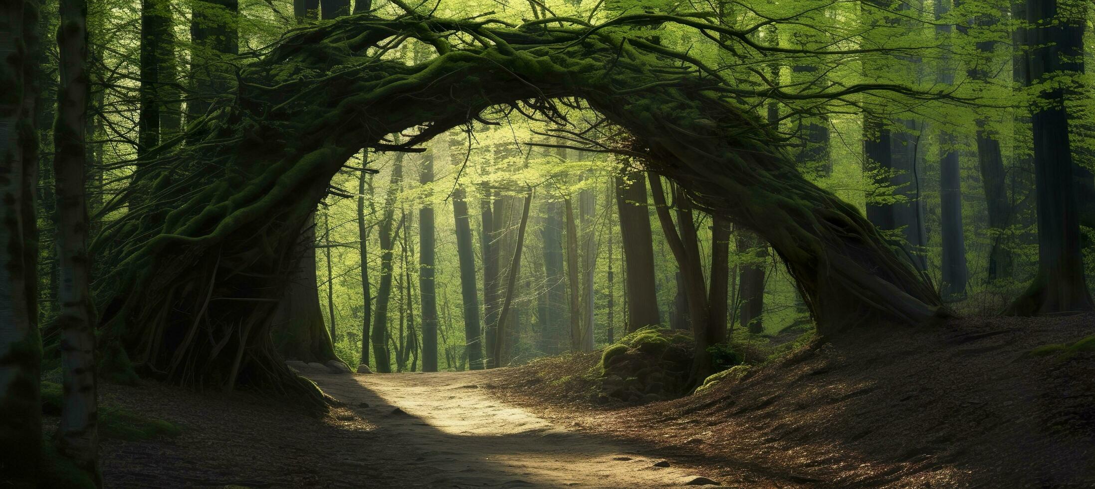 AI generated Natural archway shaped by branches in the forest. AI Generated photo