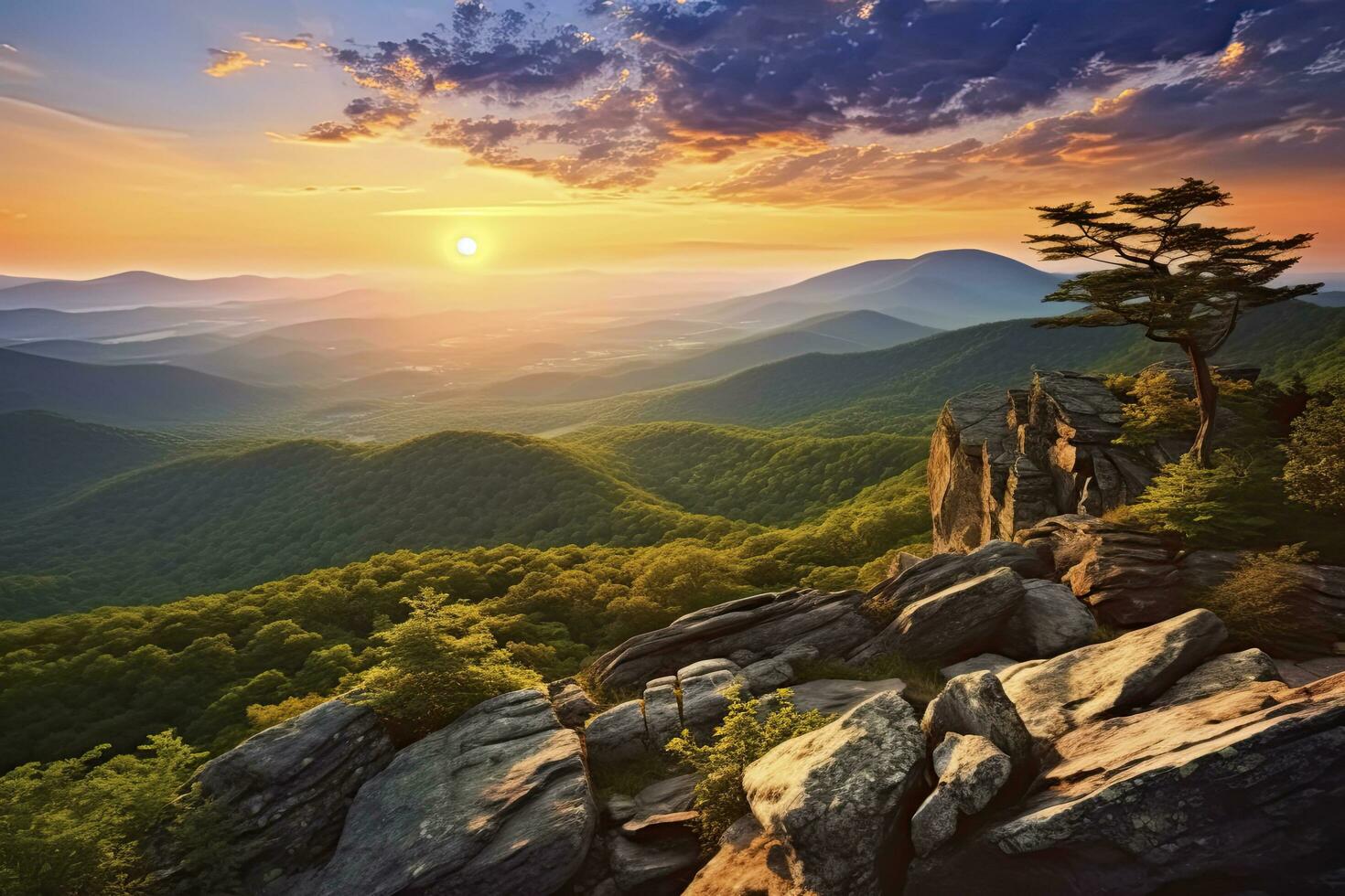 ai generado puesta de sol en pedregoso hombre montaña. ai generado foto