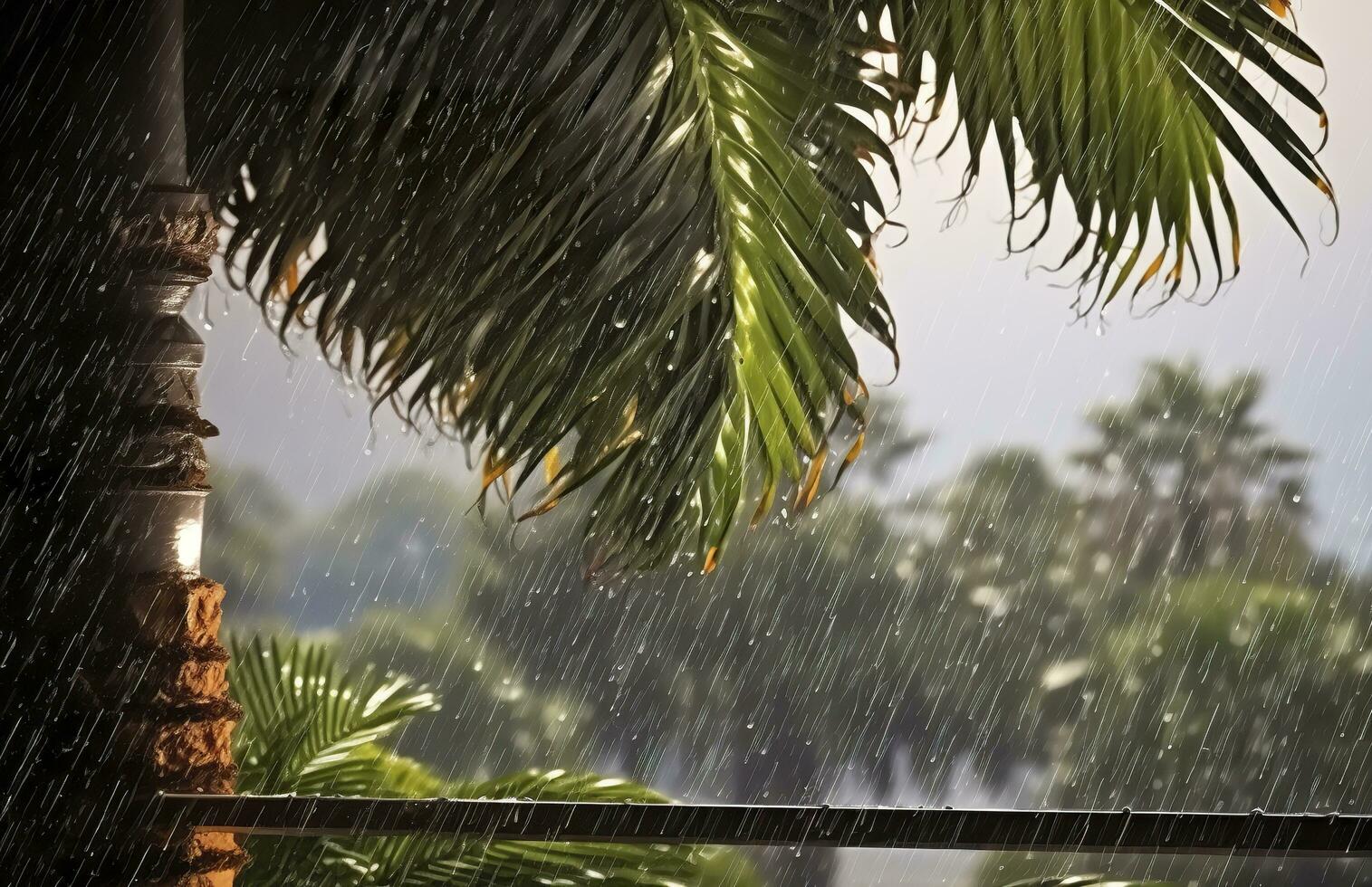 AI generated Rain in the tropics during the low season or monsoon season. Raindrops in a garden. Generative AI photo
