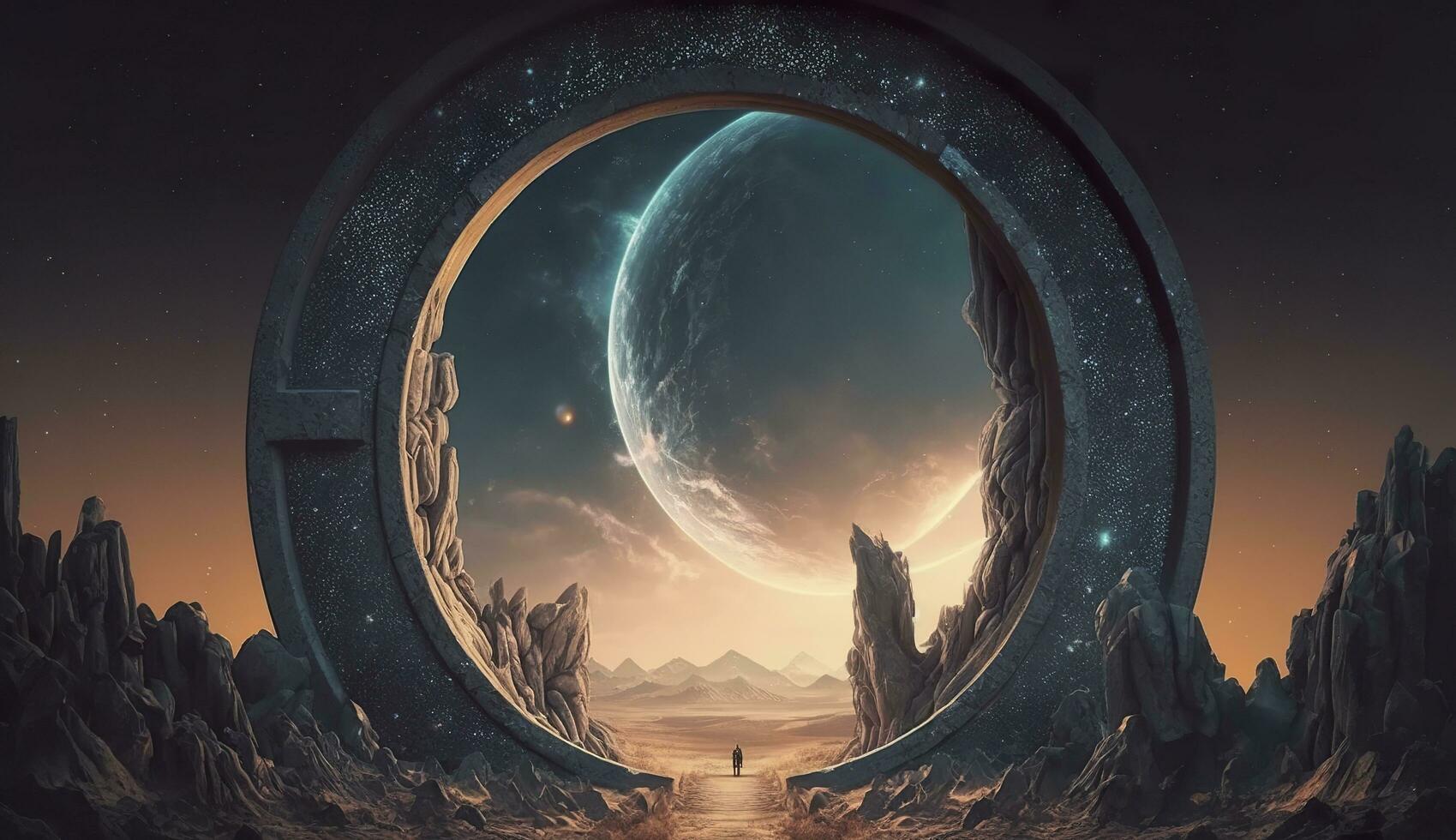 Portal to another world. Futuristic cosmic landscape with circle tunnel in starry sky. Generative AI photo