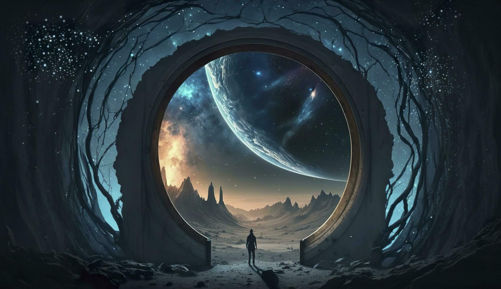 Portal to another world. Futuristic cosmic landscape with circle tunnel in starry sky. Generative AI photo
