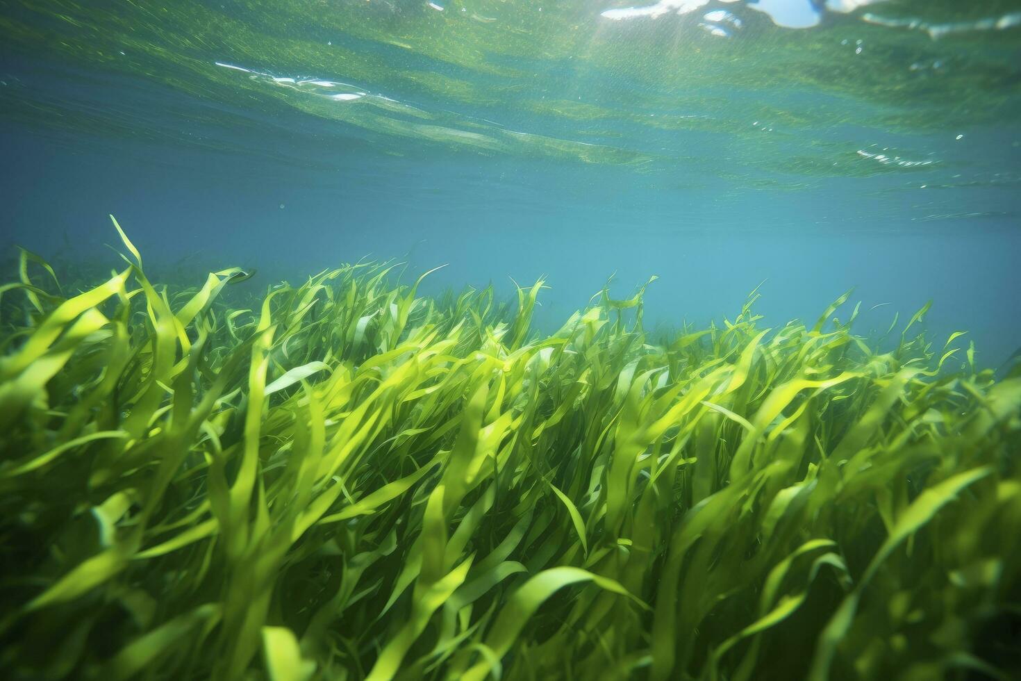 AI generated Underwater view of a group of seabed with green seagrass. AI Generated photo