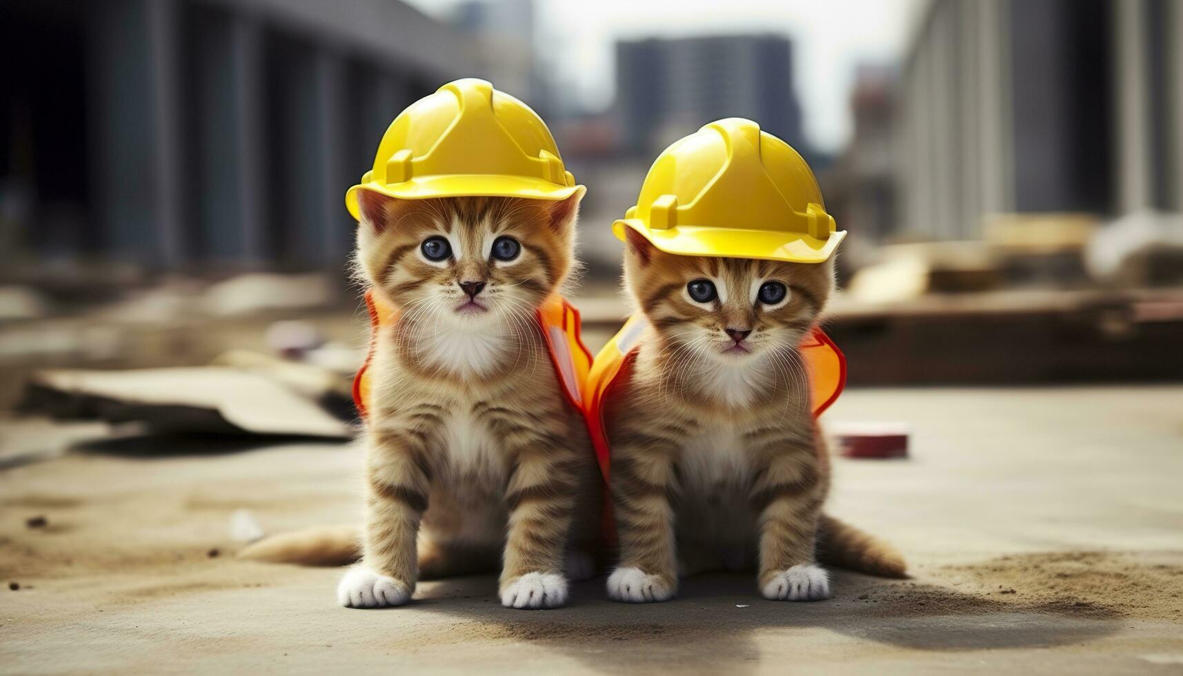 AI generated Two kittens wearing hard hats on a construction site. Generative AI photo