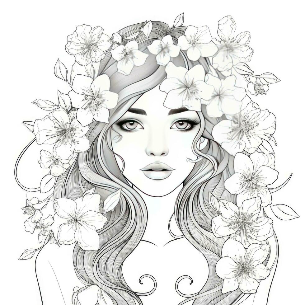 AI generated A girl on a coloring book page with Jasmine flowers. AI Generated photo