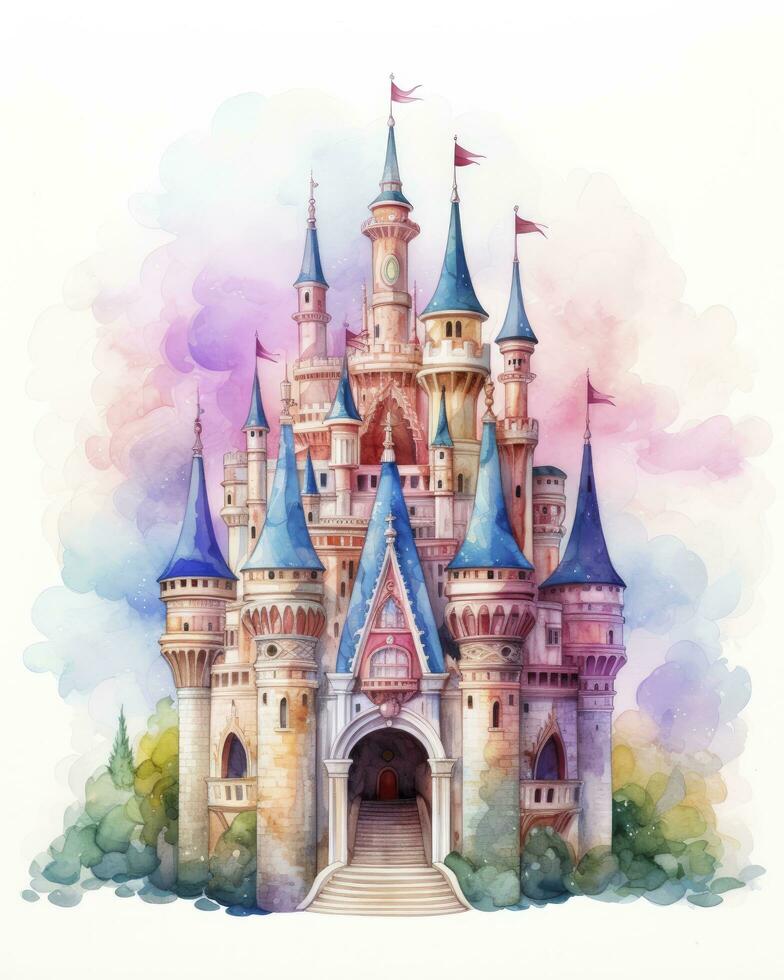 AI generated Colorful watercolor kawaii castle isolated on white background. AI Generated photo