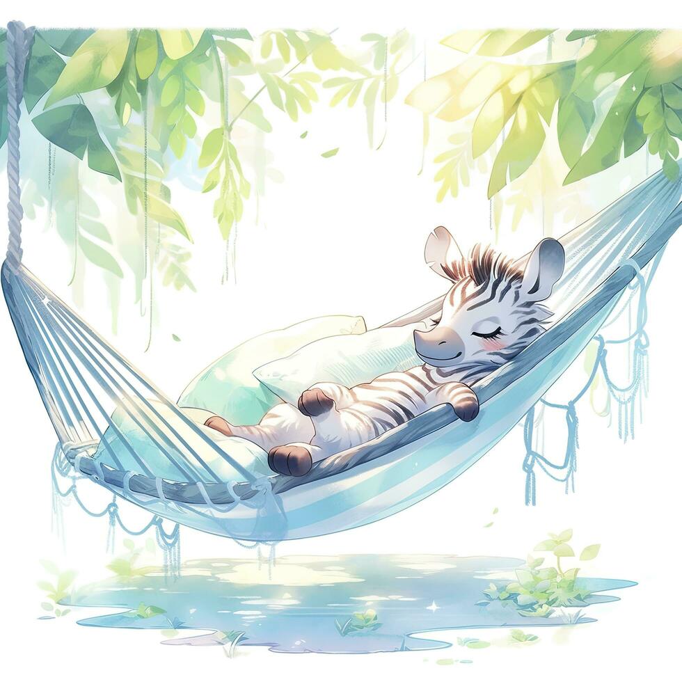 AI generated A sleepy baby zebra in a hammock. watercolor illustrations. AI Generated photo