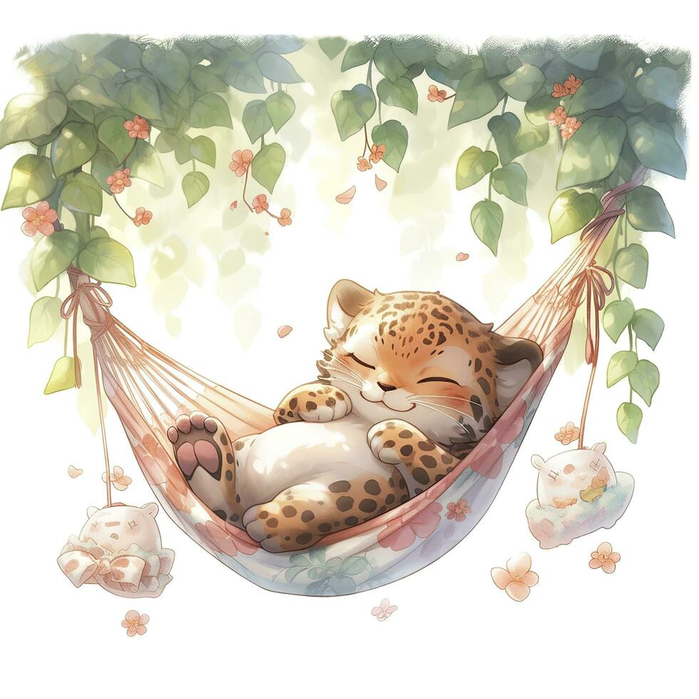 AI generated A sleepy baby leopard in a hammock. watercolor illustration. AI Generated photo