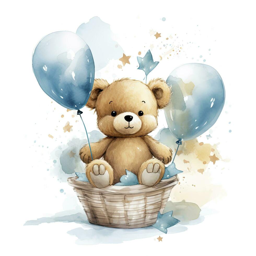 AI generated A watercolor baby teddy bear is sitting in the basket with blue and gold balloons. AI Generated photo