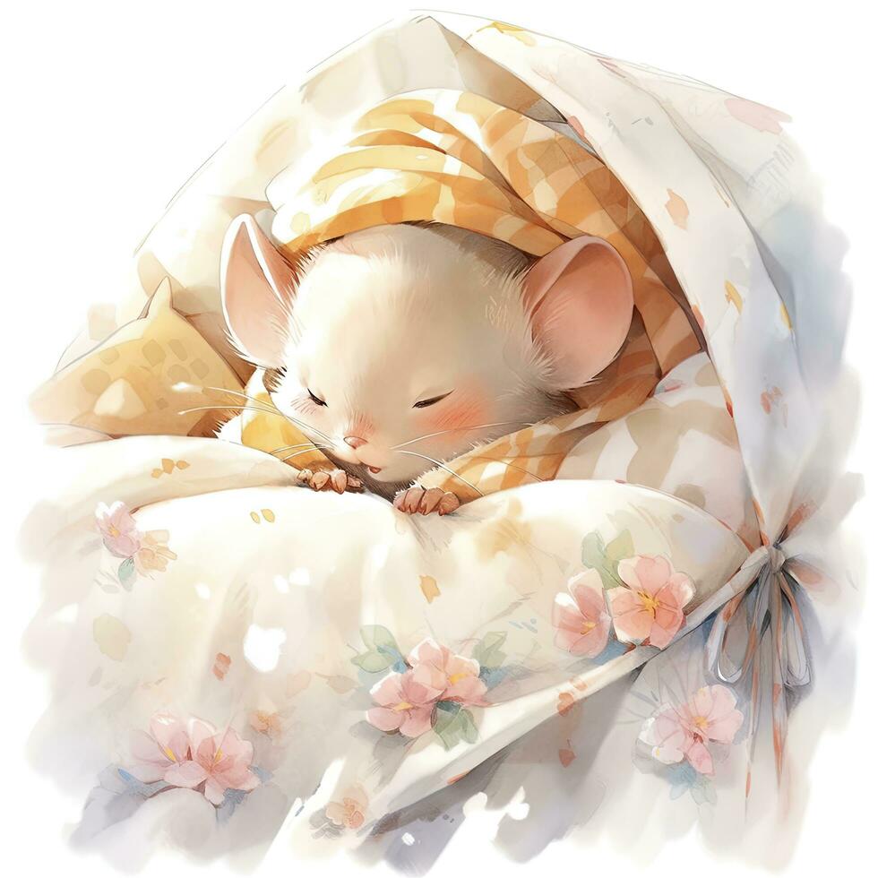 AI generated A sleepy baby mouse in a bedding, watercolor illustration.  AI Generated photo