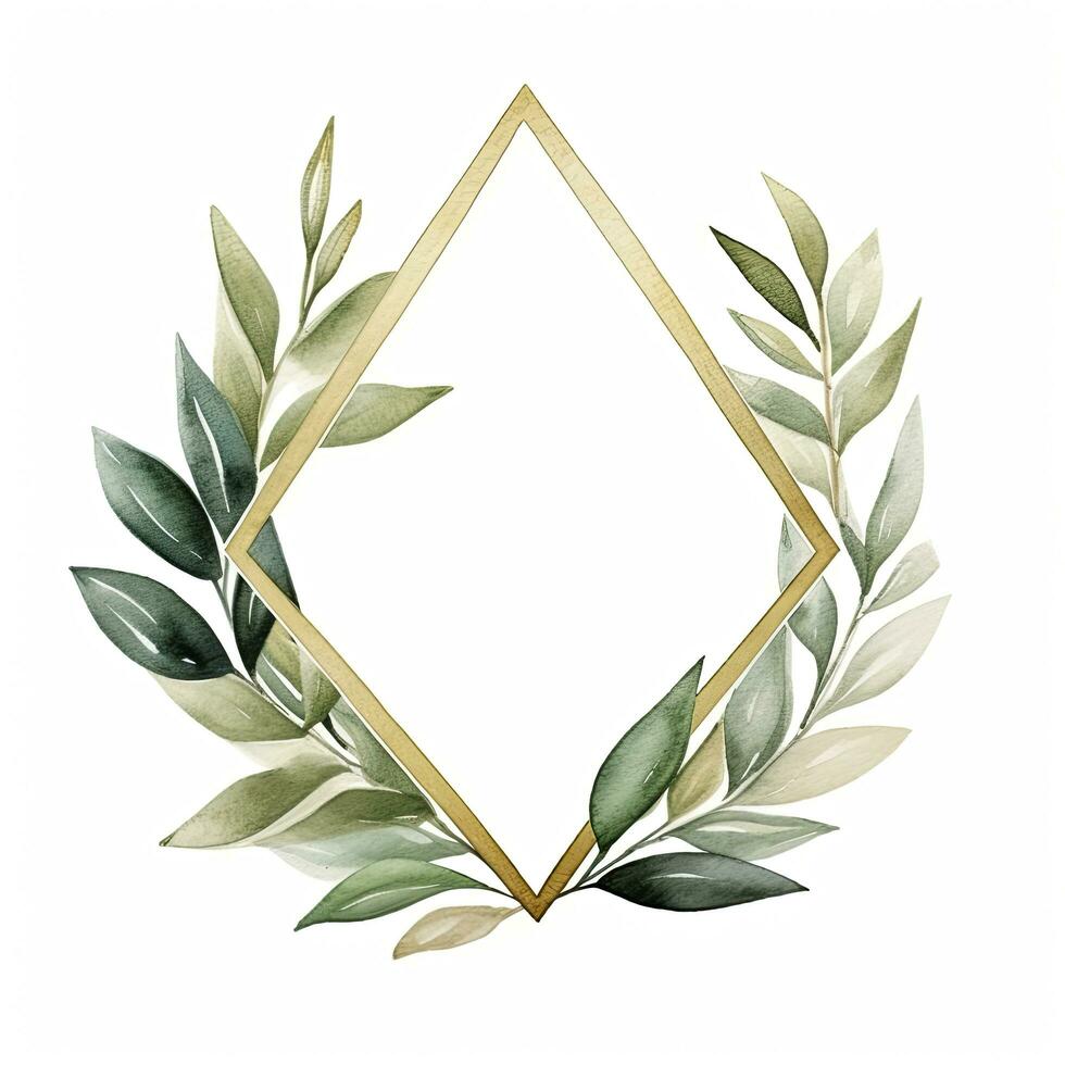 AI generated Watercolor geometry shape wreath with green leaf. AI Generated photo