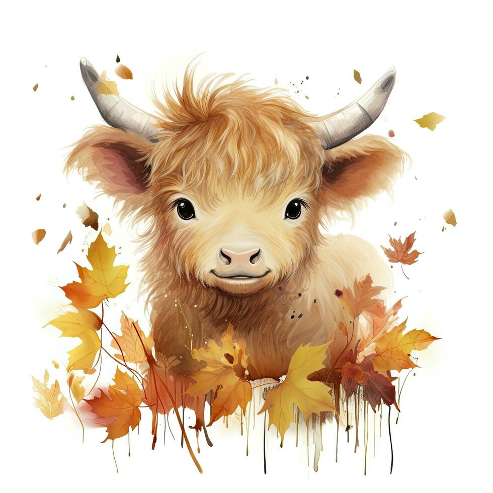 AI generated Happy cute baby highland cow in autumn leaves in the watercolor style. AI Generated photo