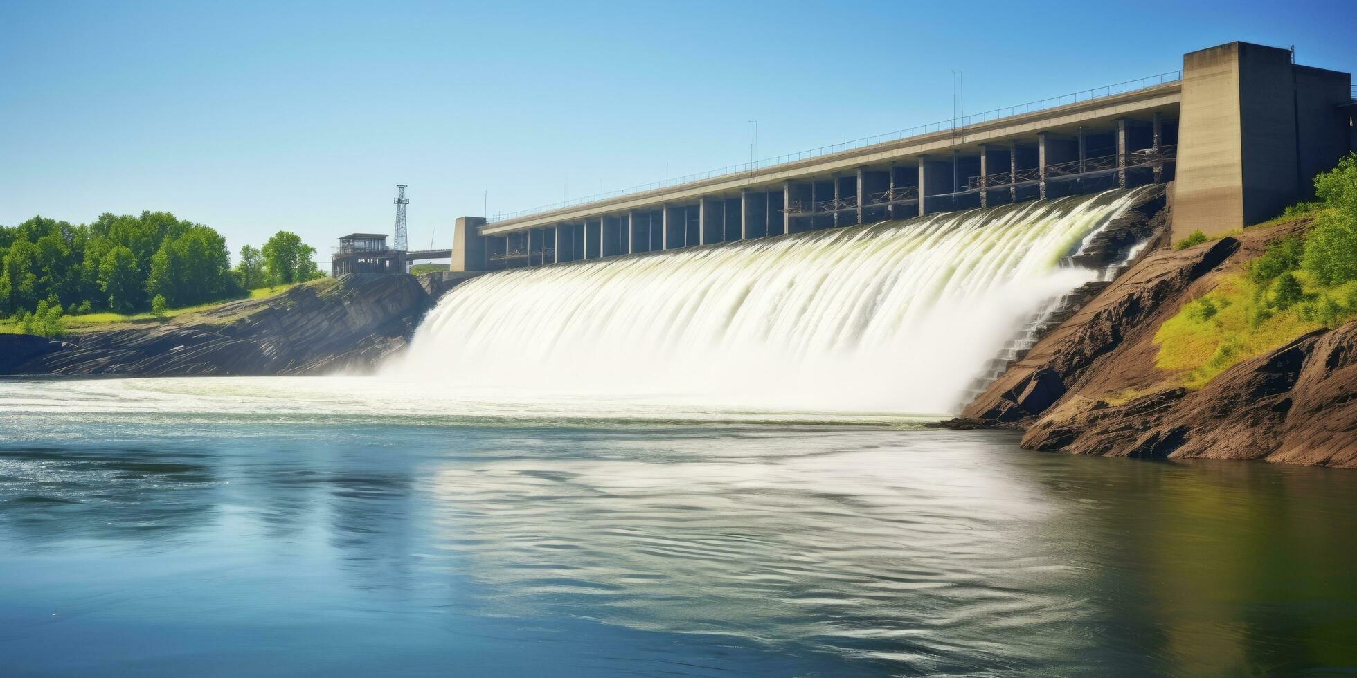 ai generado hidroeléctrico represa generando verde energía desde fluido agua. ai generado. foto