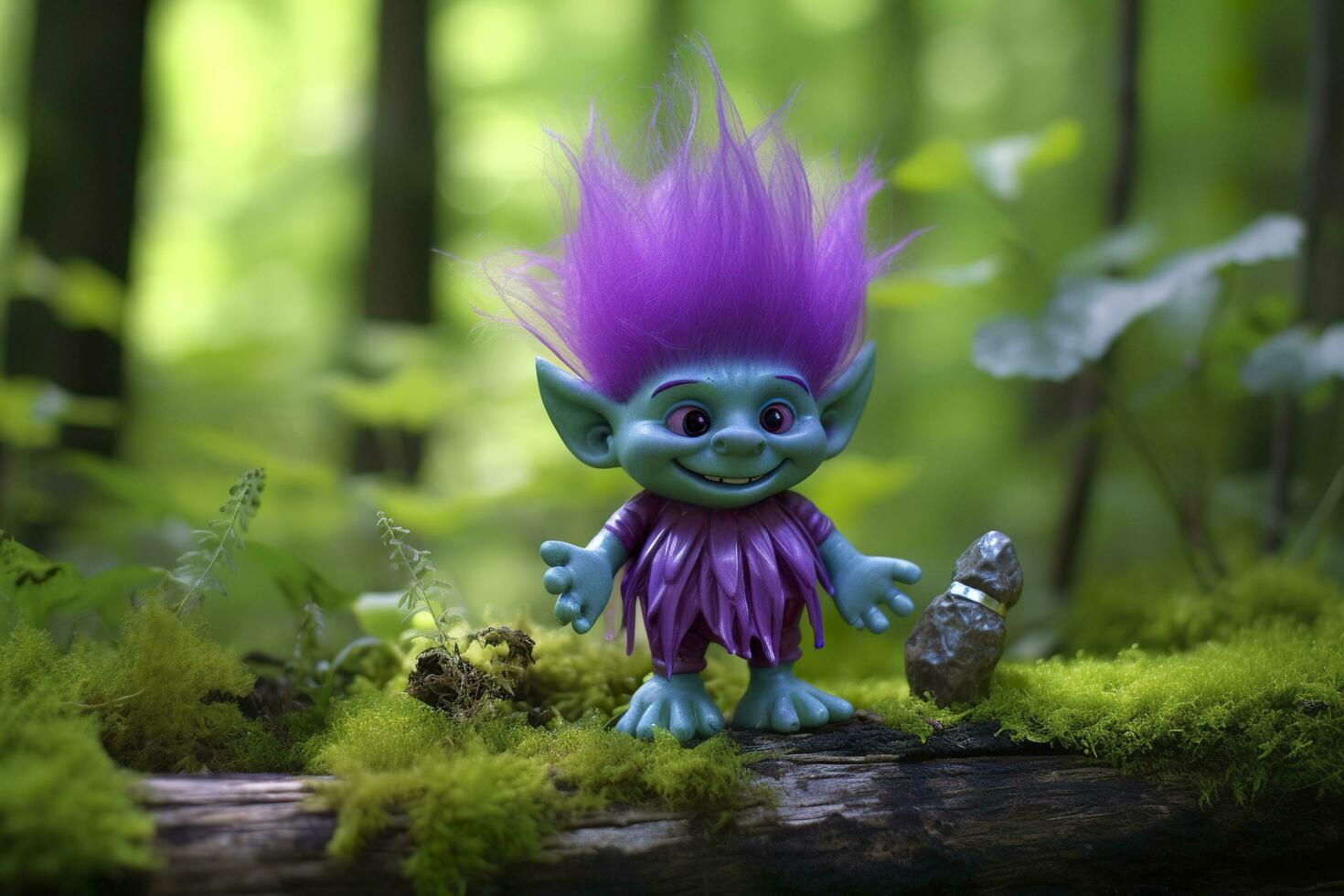 AI generated Tale troll with crystals in the forest, natural green background. Generative AI photo