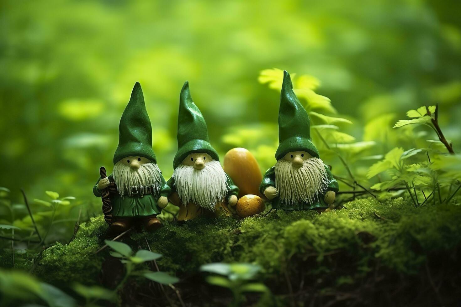 AI generated Toy Irish gnomes in a mystery forest, abstract green natural background. Generative AI photo