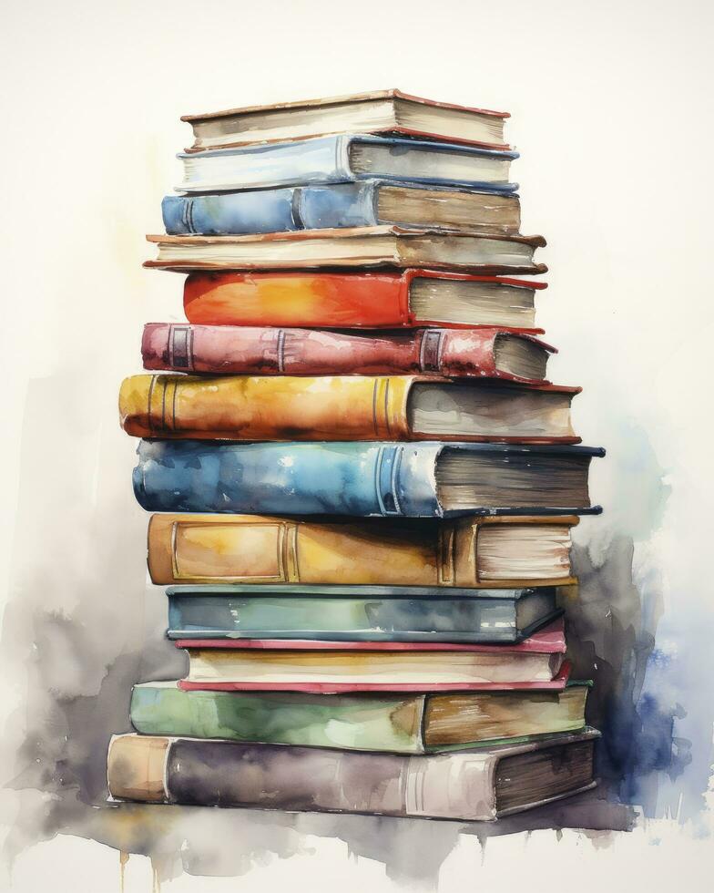 AI generated Watercolor pile of books isolated on white background. AI Generated photo