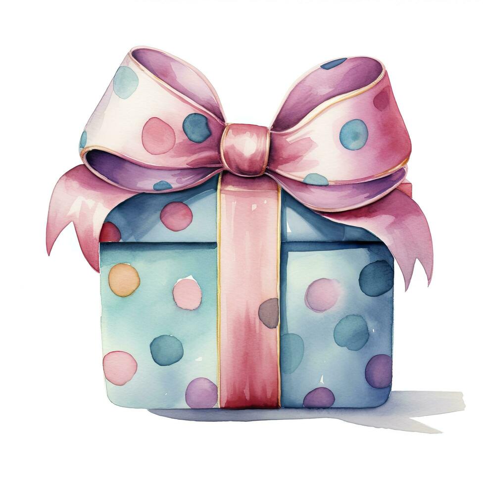 AI generated Watercolor birthday present with bow isolated on white background.  AI Generated photo