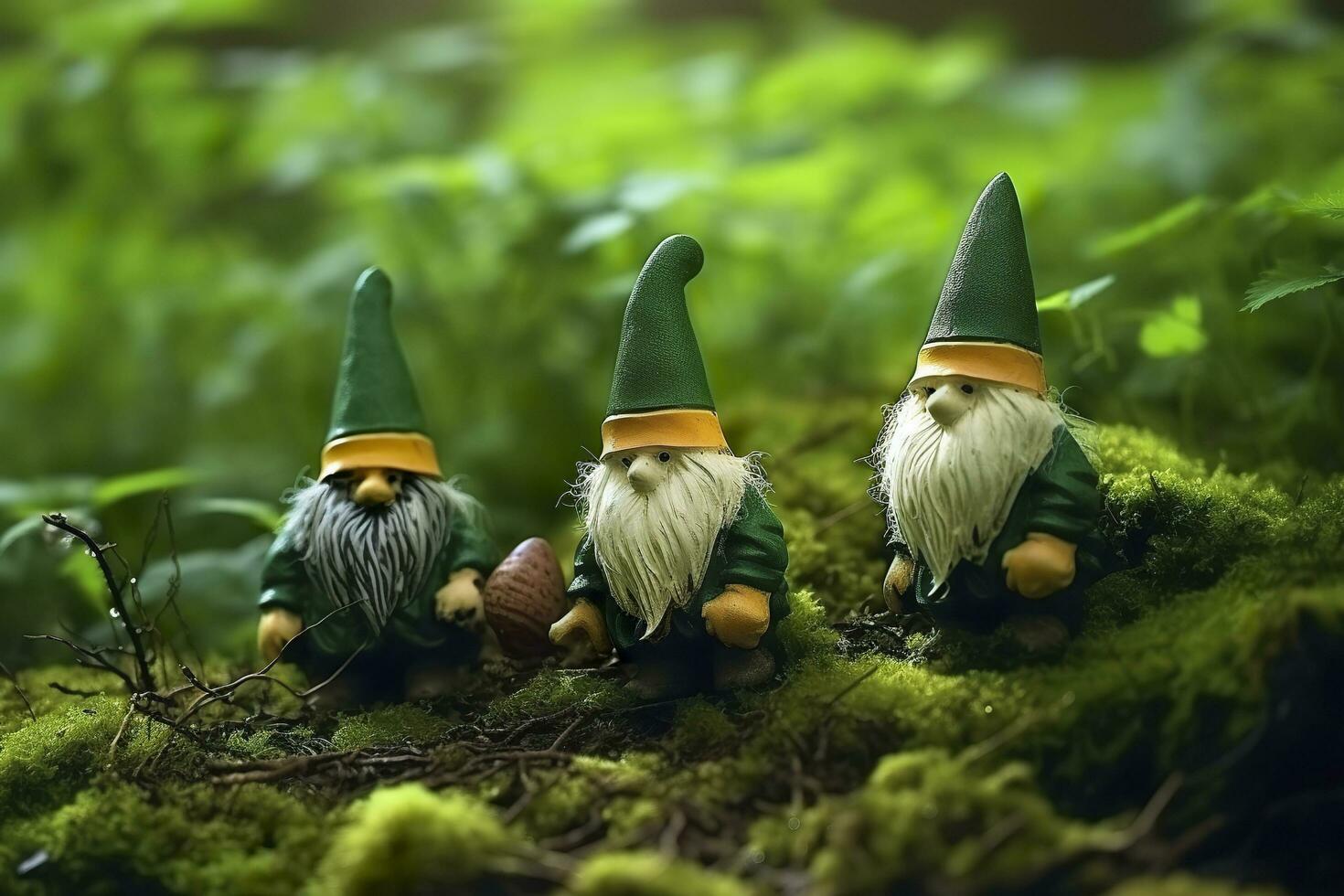 AI generated Toy Irish gnomes in a mystery forest, abstract green natural background. Generative AI photo