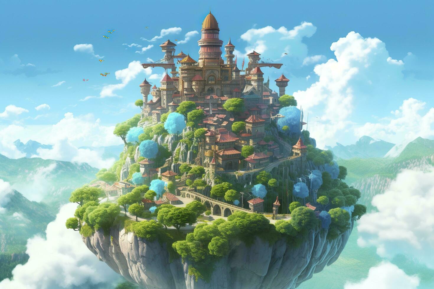 AI generated Ancient Heavenly Floating island in the sky with a castle, vibrant, fantasypunk, AI Generative photo