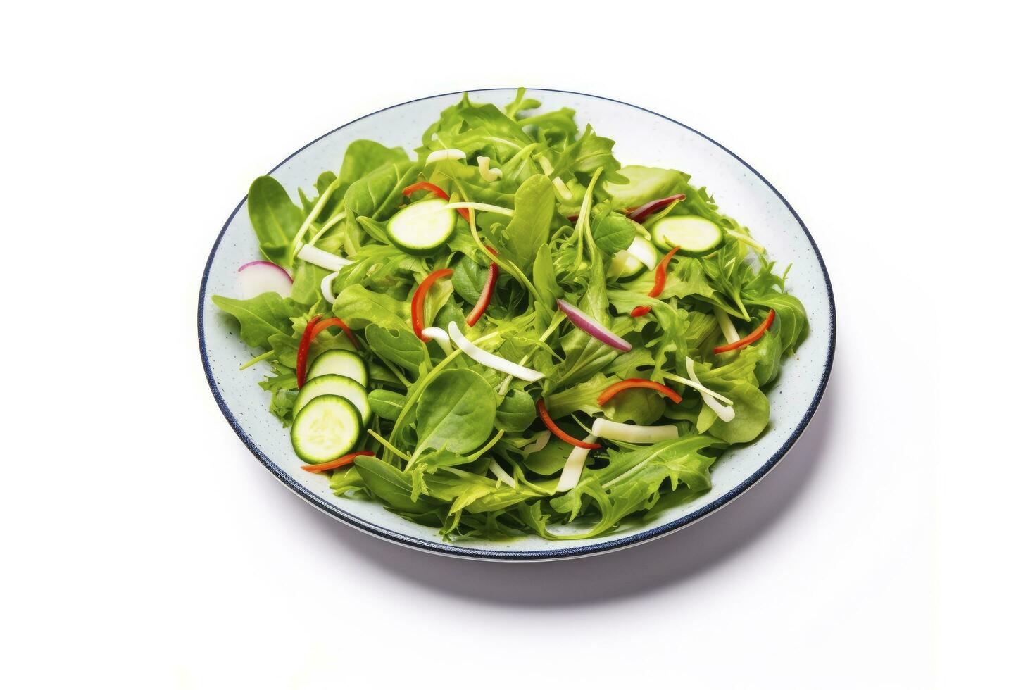 AI generated Healthy fresh green salad plate shot from above on white background. AI Generated photo