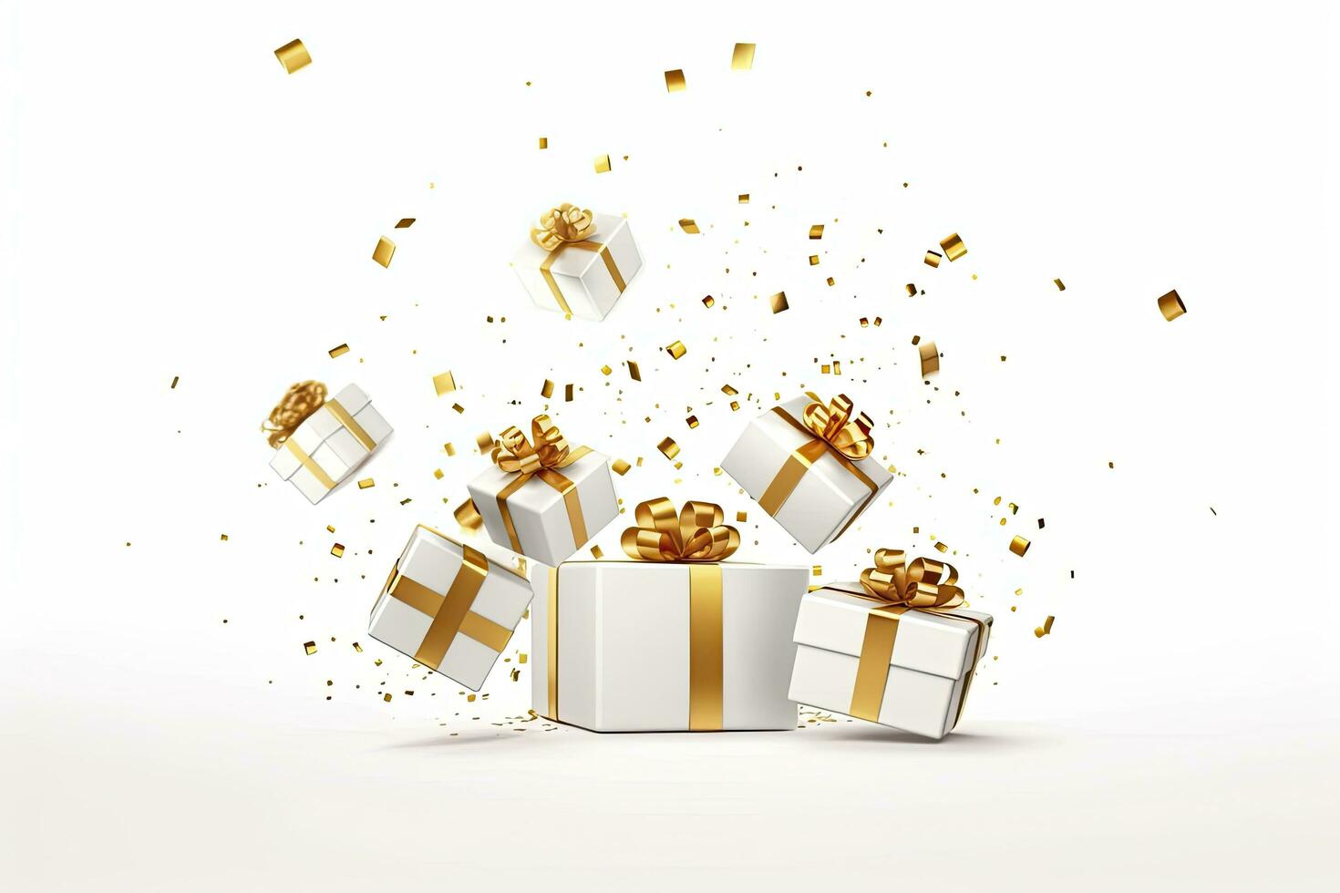 AI generated Merry New Year and Merry Christmas 2024 white gift boxes with golden bows and gold sequins confetti on white background. AI Generated photo