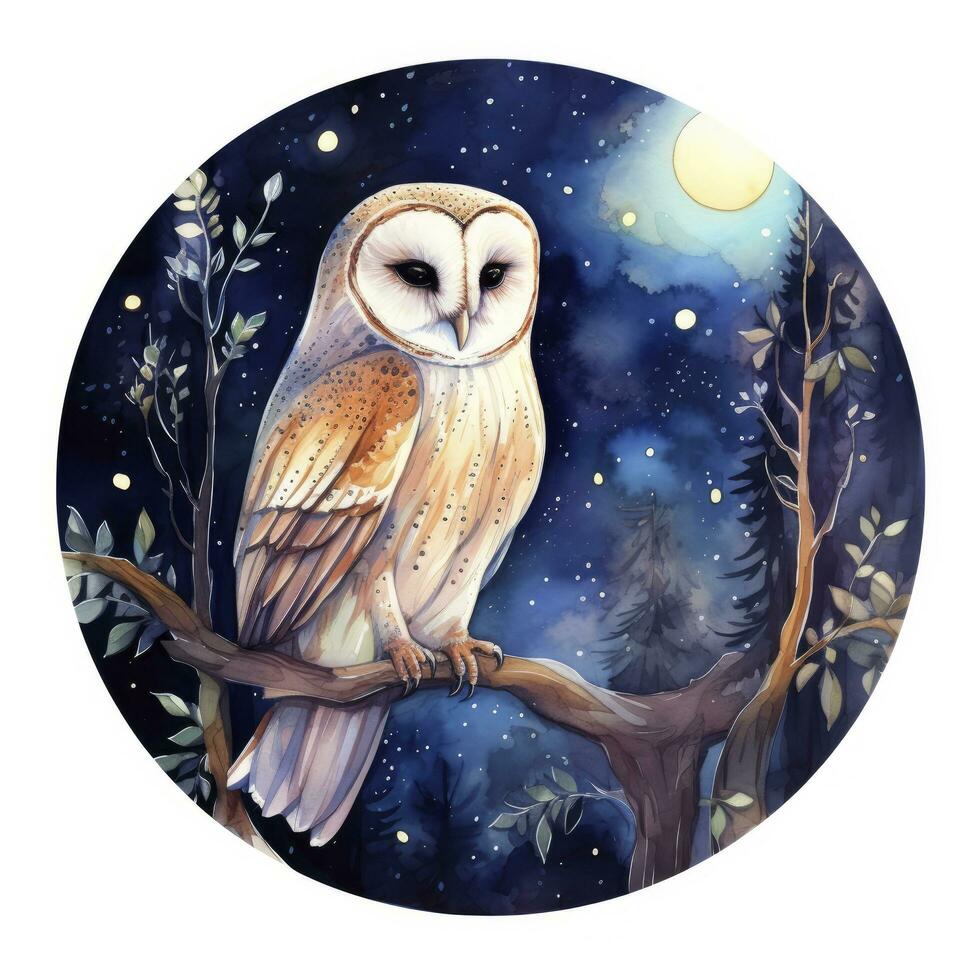 AI generated Watercolor magical owl sitting on a tree branch for T-shirt Design. AI Generated photo