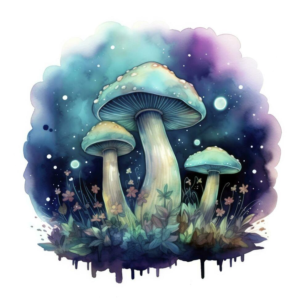 AI generated Watercolor Magical Mushrooms for T-shirt Design. AI Generated photo