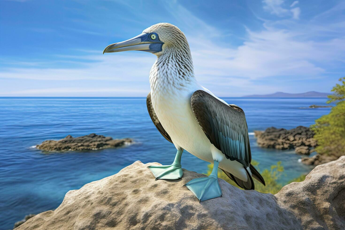 AI generated The rare blue-footed booby rests on the beach. AI Generated photo