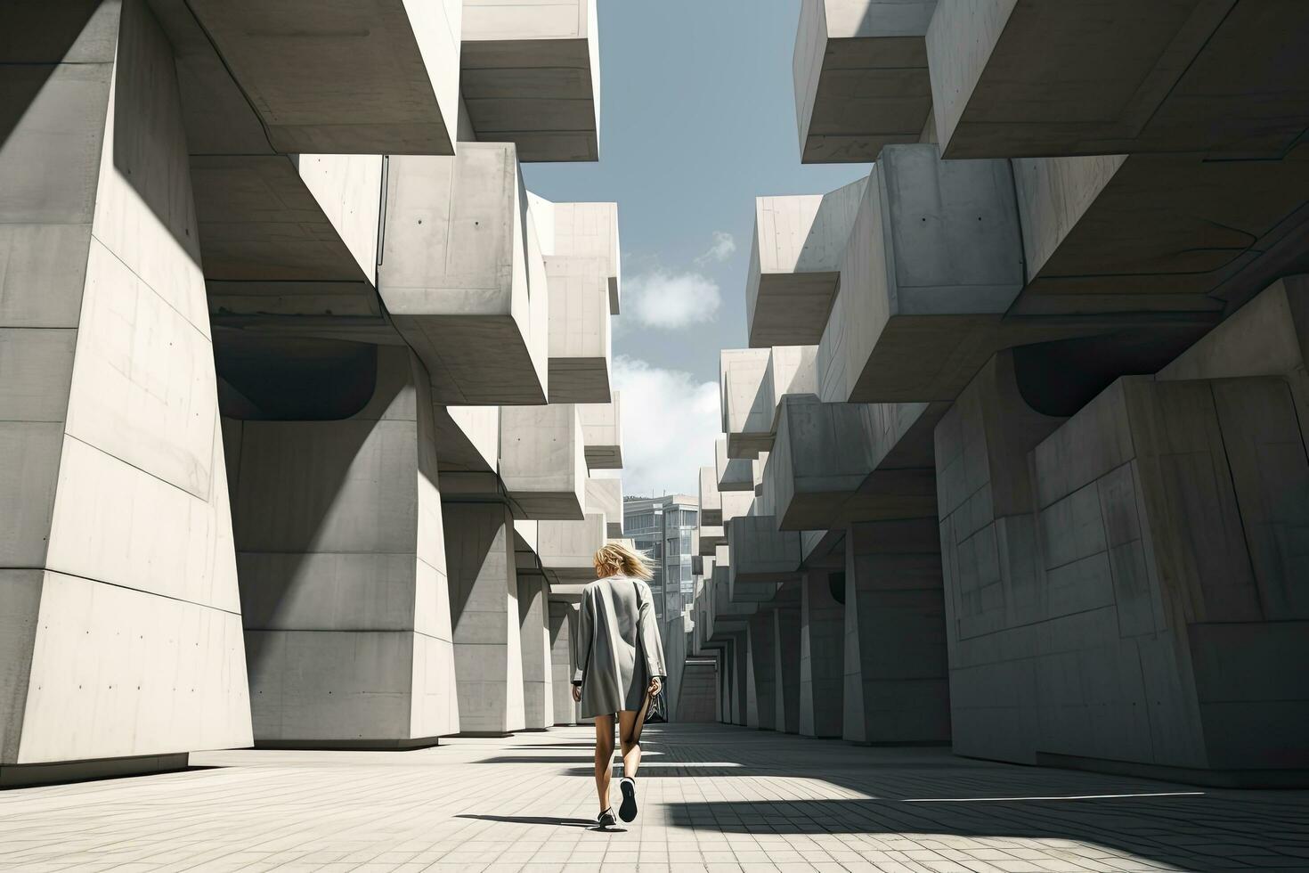 AI generated Woman walking in futuristic brutalist city street.  AI Generated. photo