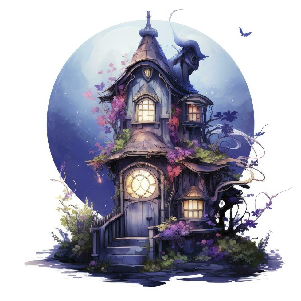 AI generated Moonlight dark themed night elf fairytale fantasy fairy house. AI Generated photo