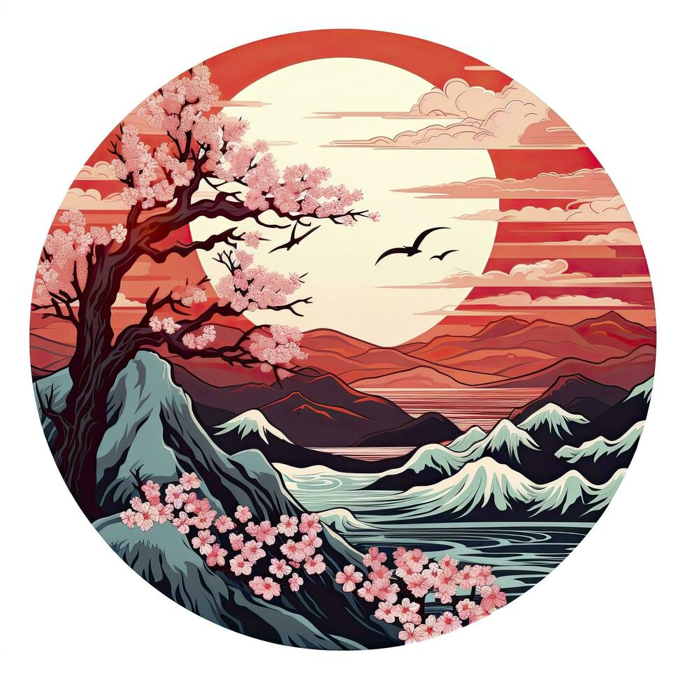 AI generated Cherry blossoms in the sunset background. Japanese tattoo style. AI Generated photo