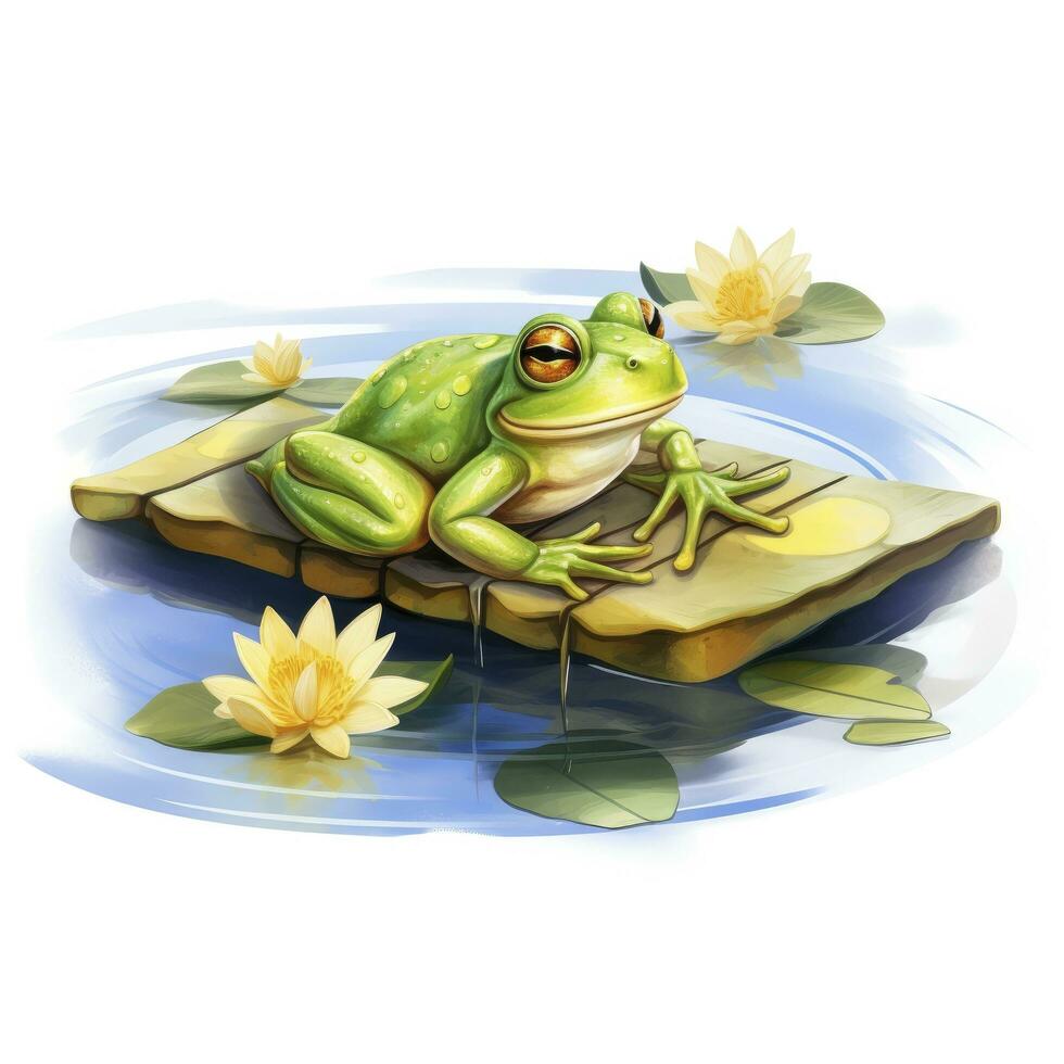 AI generated Frog Floating on a Lily Pad Raft, watercolor for T-shirt Design. AI Generated photo