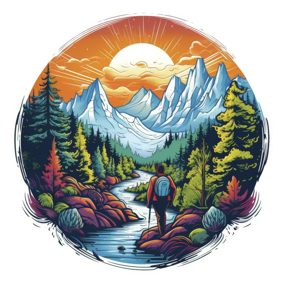 AI generated Vibrant colors wilderness hiking scene for t-shirt. AI Generated photo