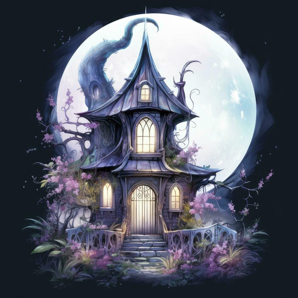 AI generated Moonlight dark themed night elf fairytale fantasy fairy house. AI Generated photo